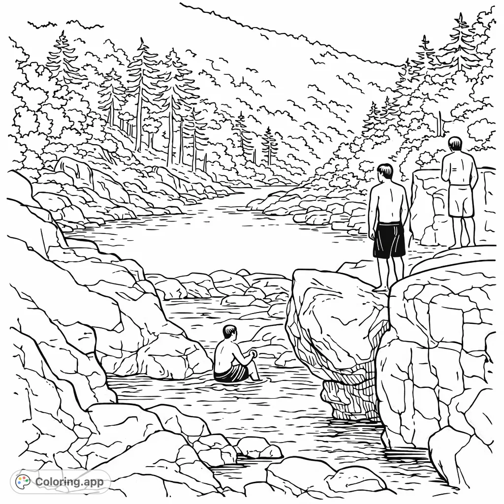 Explore a scenic river landscape with massive rock formations and figures enjoying the water. This free printable nature coloring page is perfect for all ages.