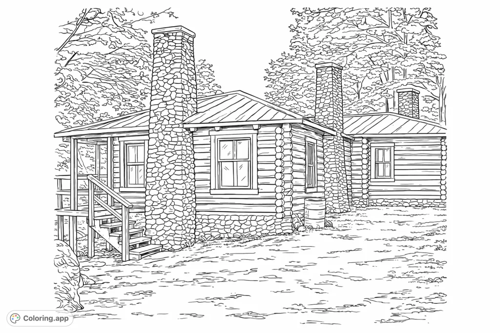Explore the charm of a rustic log cabin nestled in nature, featuring stone chimneys, log walls, and a welcoming porch. A delightful scene for all ages.