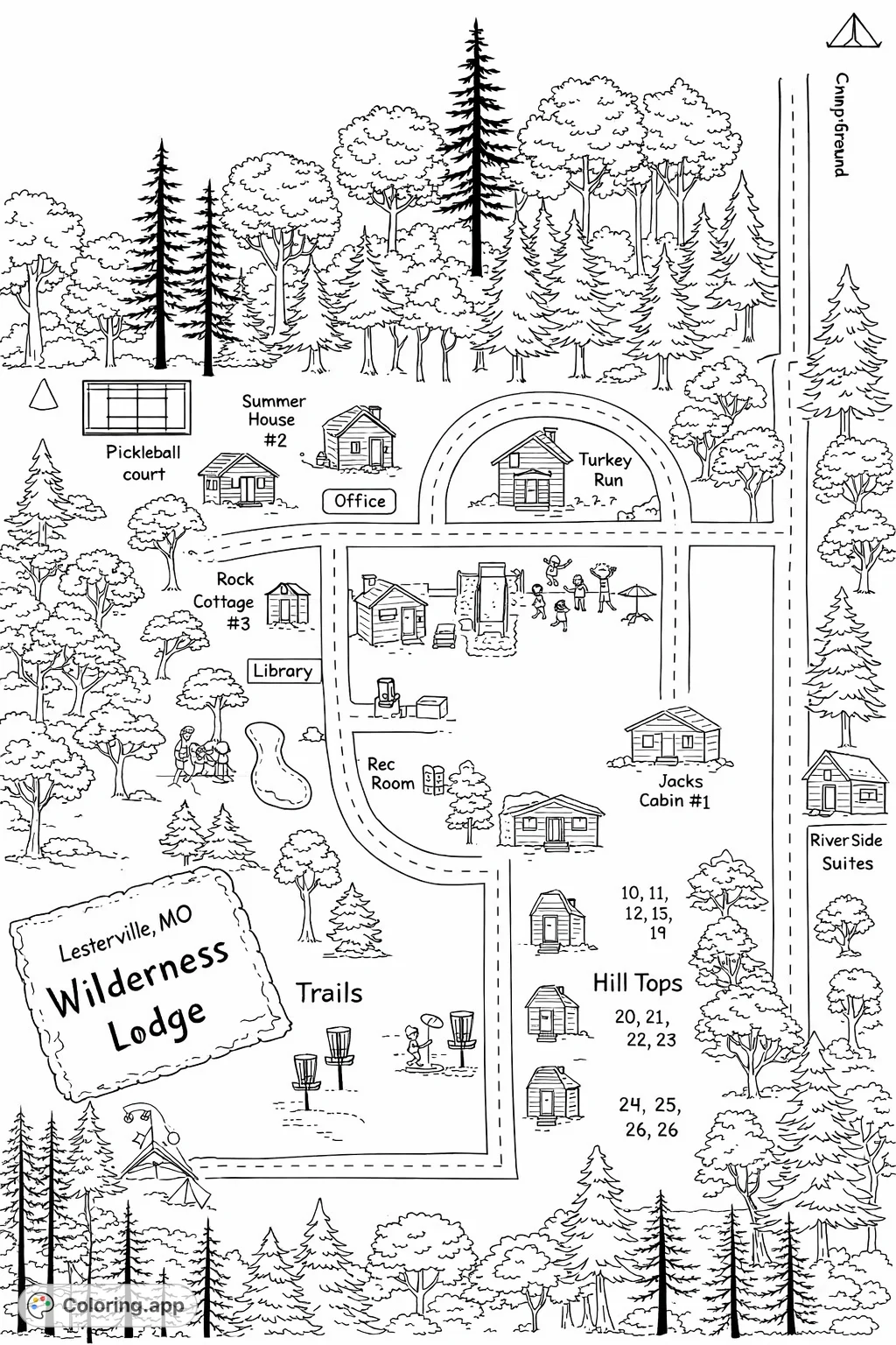Explore a detailed wilderness lodge resort map featuring cabins, recreational areas, and winding trails surrounded by dense foliage. Perfect for creative adventurers!