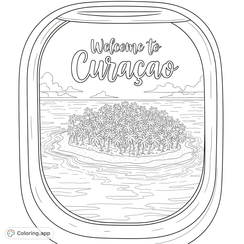 Soar above a tropical island with this airplane window coloring page! Featuring sandy beaches, swaying palm trees, and a "Welcome to Curaçao" message.