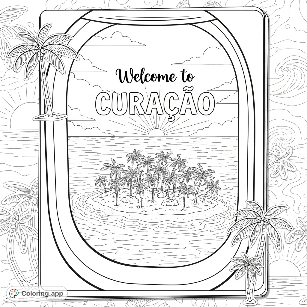 Soar above Curaçao! This unique airplane window view showcases an island with sandy beaches, swaying palm trees, and a special "Welcome to CURAÇAO" message.