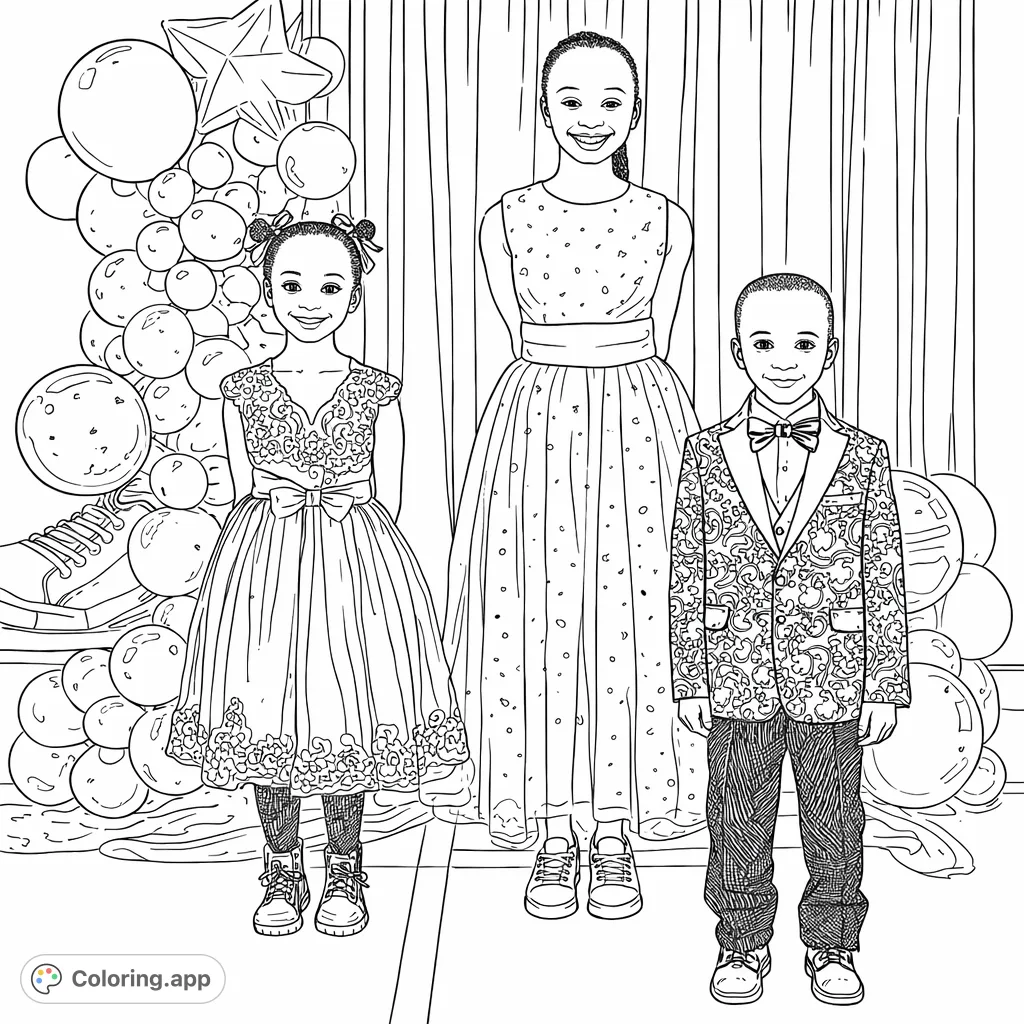 Delightful formal kids coloring page featuring three elegantly dressed children against a festive balloon and fabric backdrop. Perfect for young artists!