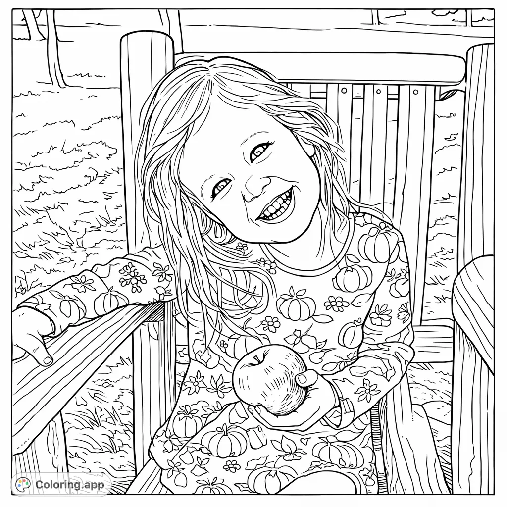 A delightful coloring page featuring a smiling child holding an apple, seated in a rustic wooden chair. Adorned in a festive pumpkin and leaf pattern.
