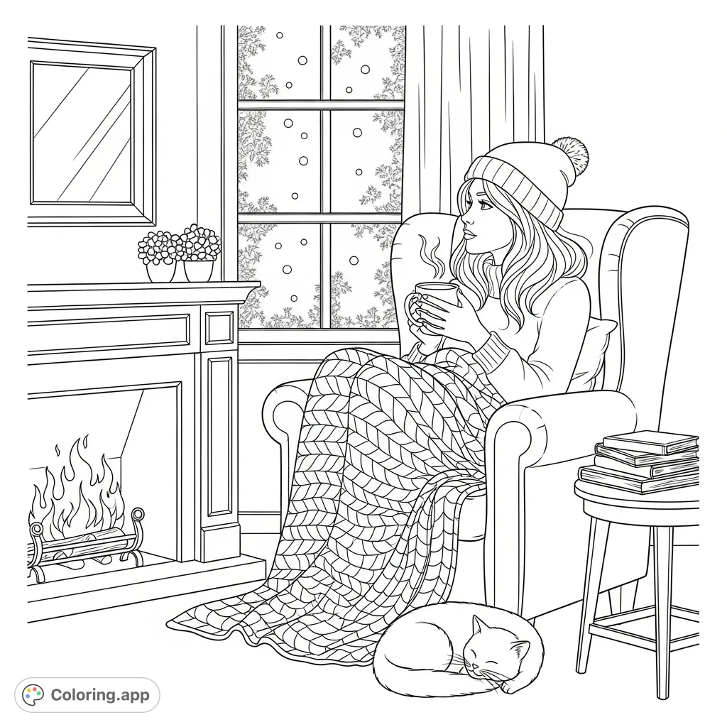 A woman enjoys a tranquil winter evening, curled in a plush armchair by a crackling fireplace, holding a steaming mug and watching snow fall. A cat sleeps nearby.