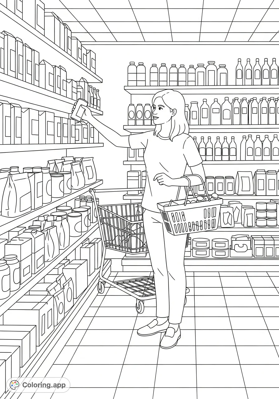 Explore this detailed supermarket coloring page featuring a woman with a shopping basket amidst aisles packed with diverse groceries, perfect for everyday life scenes.