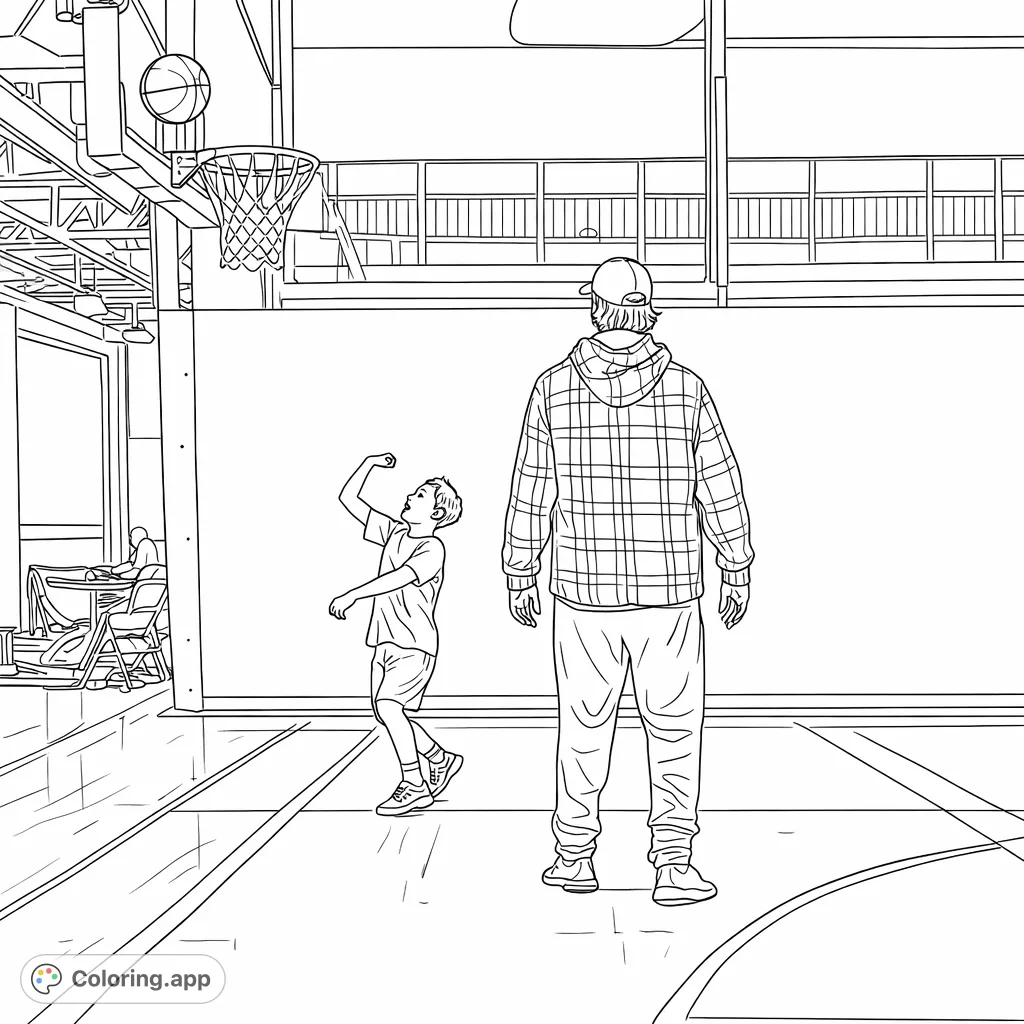 Capture the excitement of youth basketball with this dynamic coloring page. A young player shoots hoops while an adult observes on a detailed court. Perfect for sports fans!