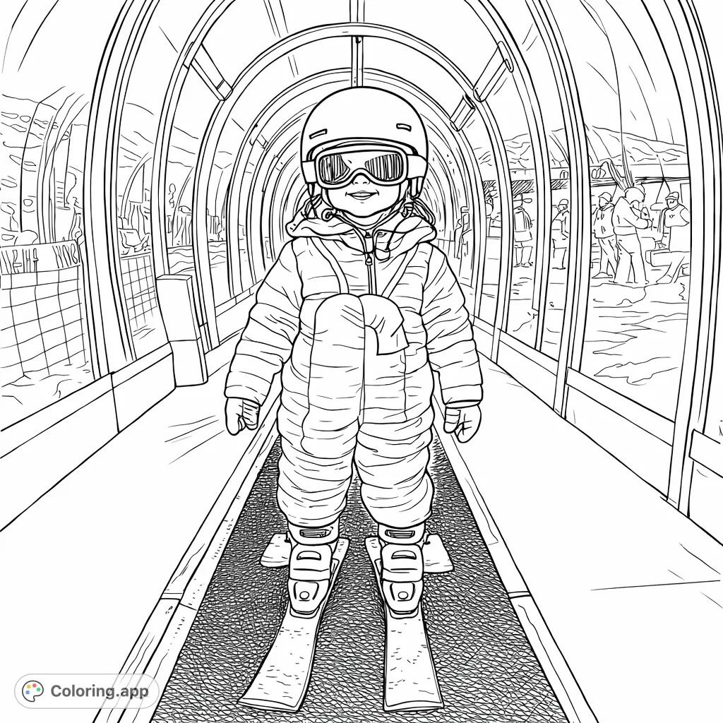 A charming coloring page featuring a young child in full ski gear on a magic carpet lift inside a transparent tunnel, ready for a snowy adventure.