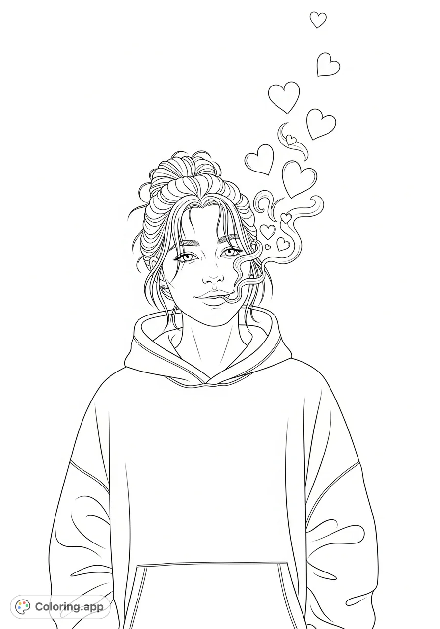 A cozy figure with a soft smile and messy bun, exhaling smoke that gracefully forms heart shapes. A charming and relaxed scene perfect for coloring.