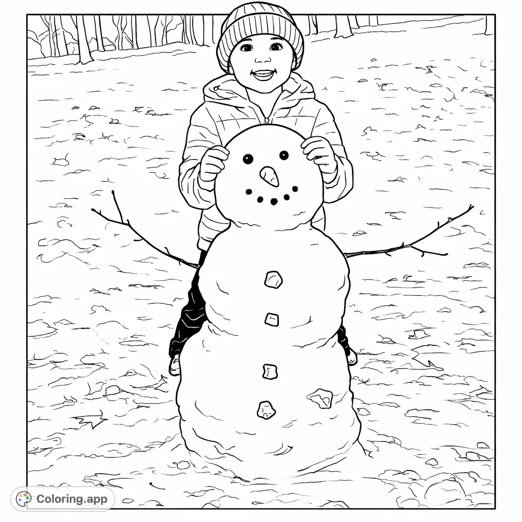 A delightful winter scene featuring a joyful child standing proudly with their three-tiered snowman, complete with stick arms and button details, amidst a snowy landscape.