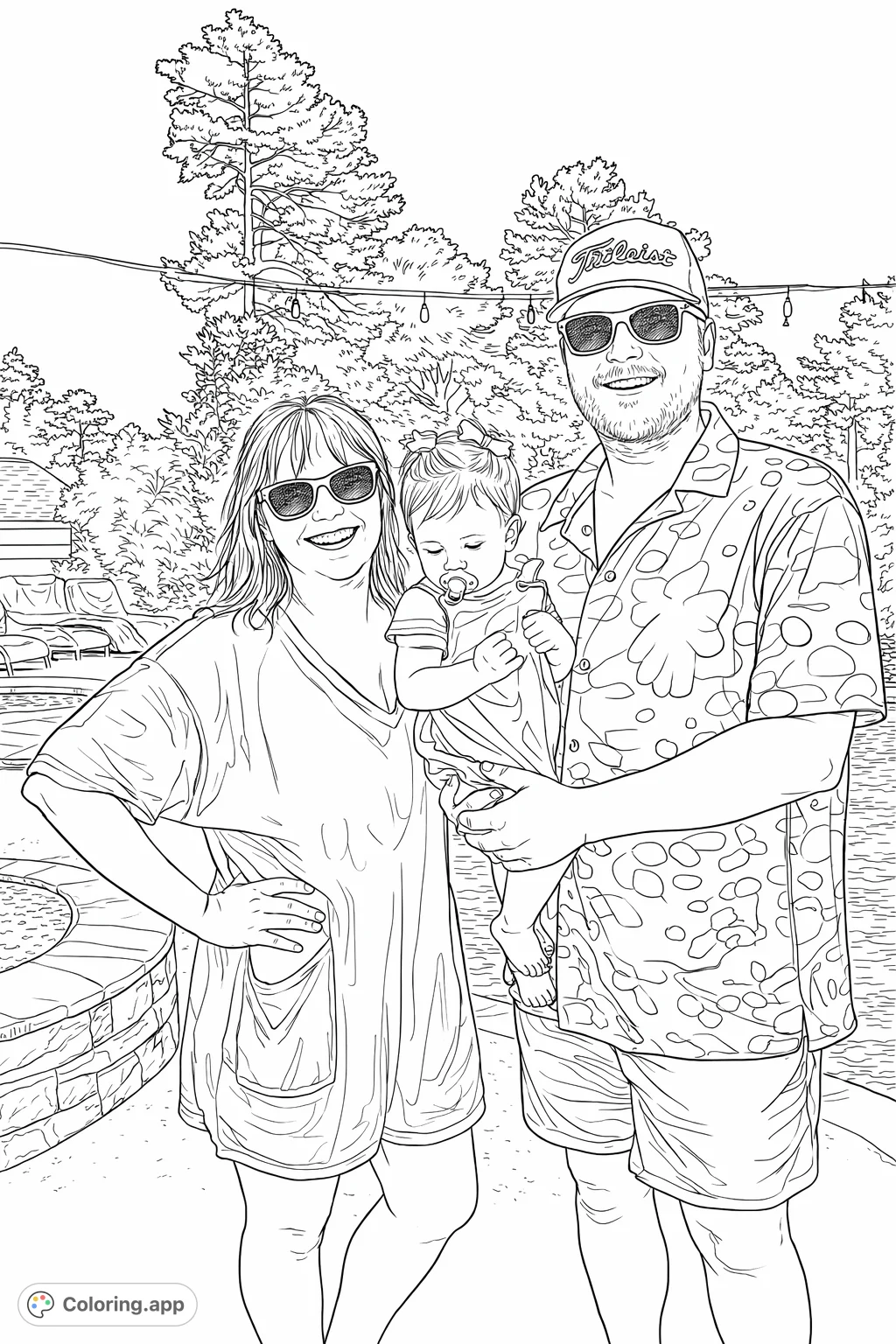 Capture happy family moments by the pool with this charming coloring page. Features a smiling couple and their baby enjoying a sunny outdoor setting.
