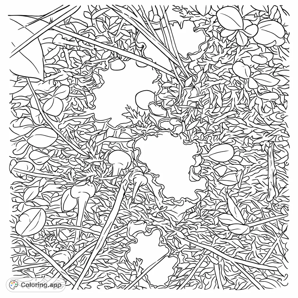 Explore a miniature world of moss, lichen, and tiny plants on this intricate forest floor coloring page. Perfect for nature lovers and detailed coloring.