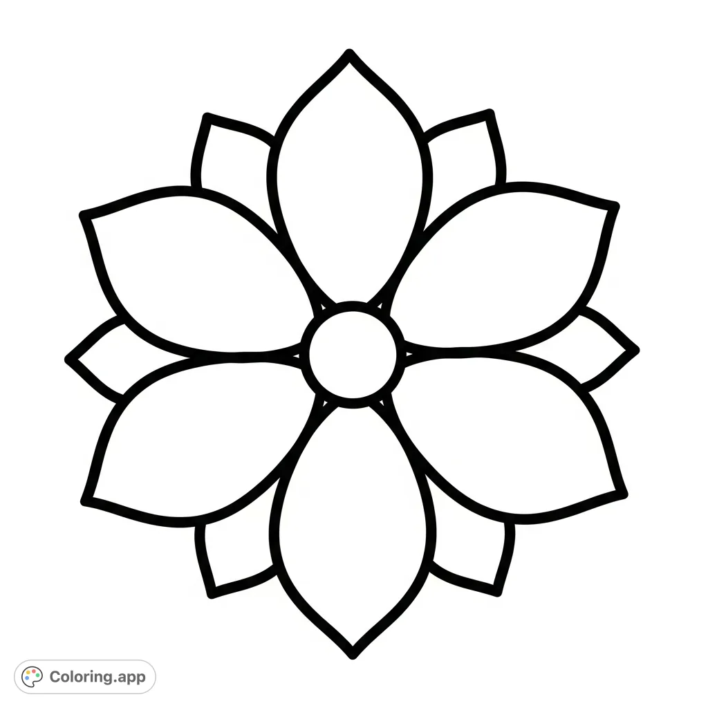 Discover tranquility with this simple lotus mandala coloring page. Featuring large, open petal areas and bold outlines, it's perfect for relaxation and focus.