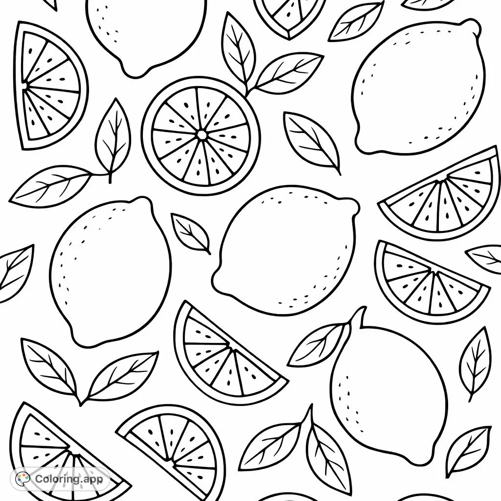 A refreshing lemon coloring page featuring whole fruits, slices, and leaves in a lively, repeating pattern, perfect for a burst of creative expression.