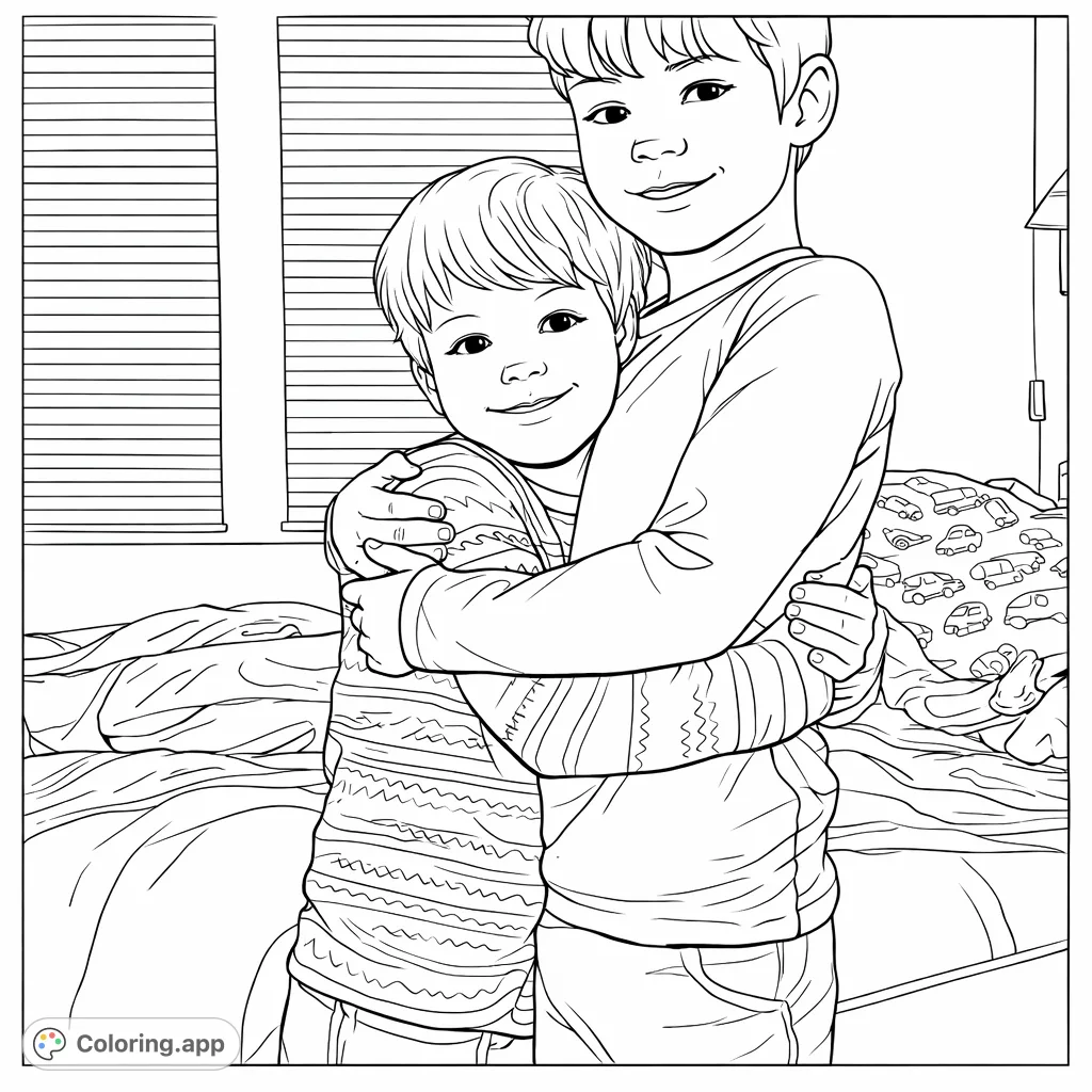 A heartwarming scene of two brothers sharing a joyful hug, capturing a moment of sibling affection. Perfect for celebrating family bonds and spreading love.