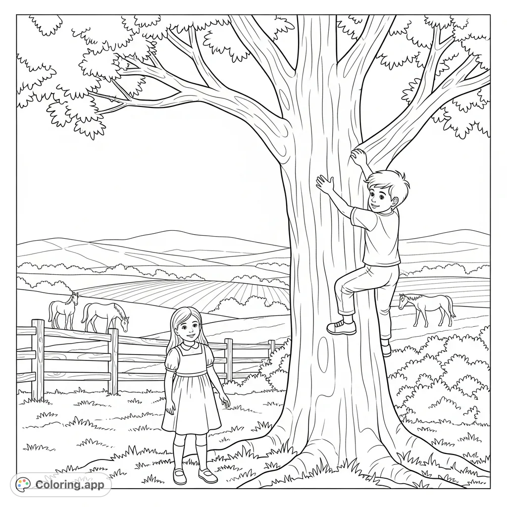 A charming countryside scene featuring a young girl and boy playing near a large tree, with horses grazing peacefully in the distant fields.