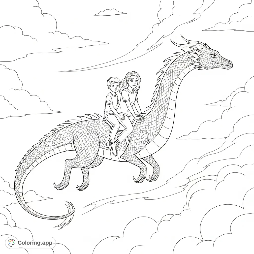 A sleek dragon carries a teenage girl and a younger boy through swirling clouds. A captivating fantasy scene, perfect for imaginative coloring pages and adventure.