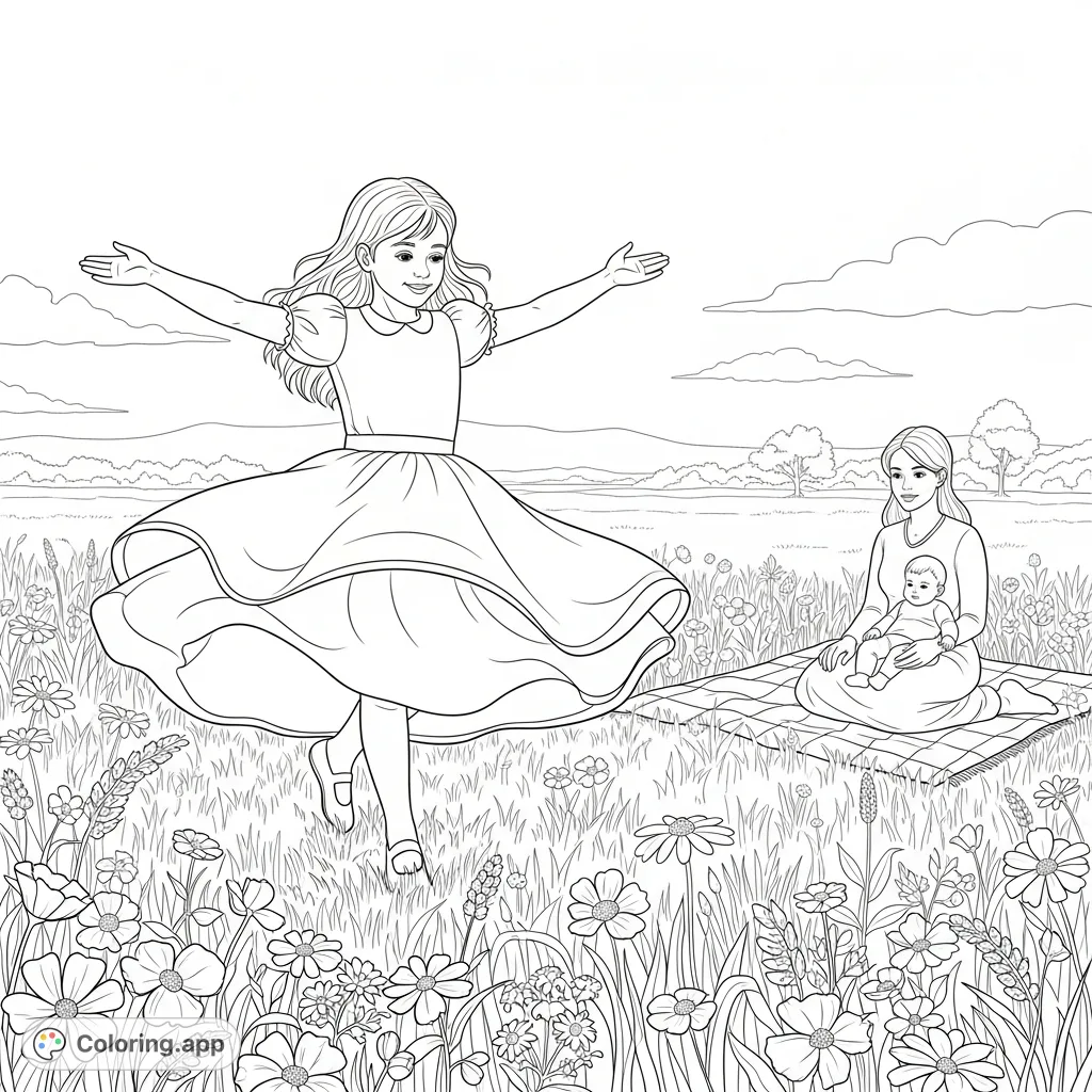 A heartwarming meadow scene featuring a dancing girl, a serene mother, and a baby, perfect for family-themed coloring. Capture a moment of pure joy!
