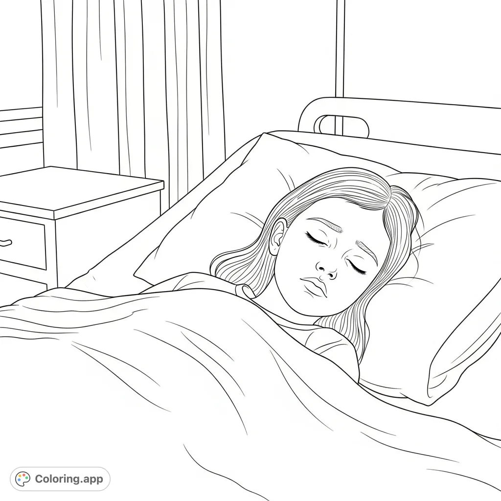 A realistic coloring page depicting a young girl sleeping in a hospital bed, her face showing a peaceful yet troubled expression. Ideal for thoughtful reflection.