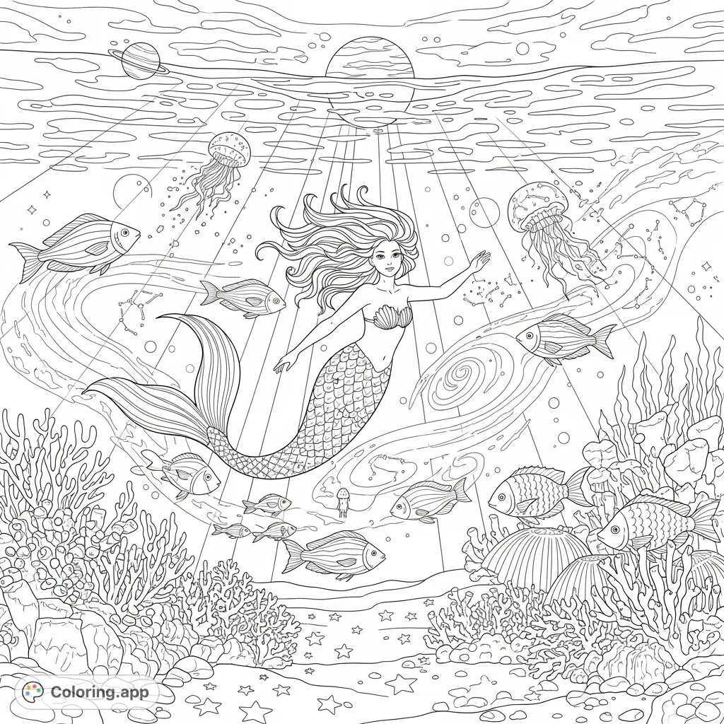 Dive into a magical underwater galaxy. A graceful mermaid swims among cosmic coral, star-dusted fish, and swirling nebulae. A truly unique fantasy coloring adventure awaits!