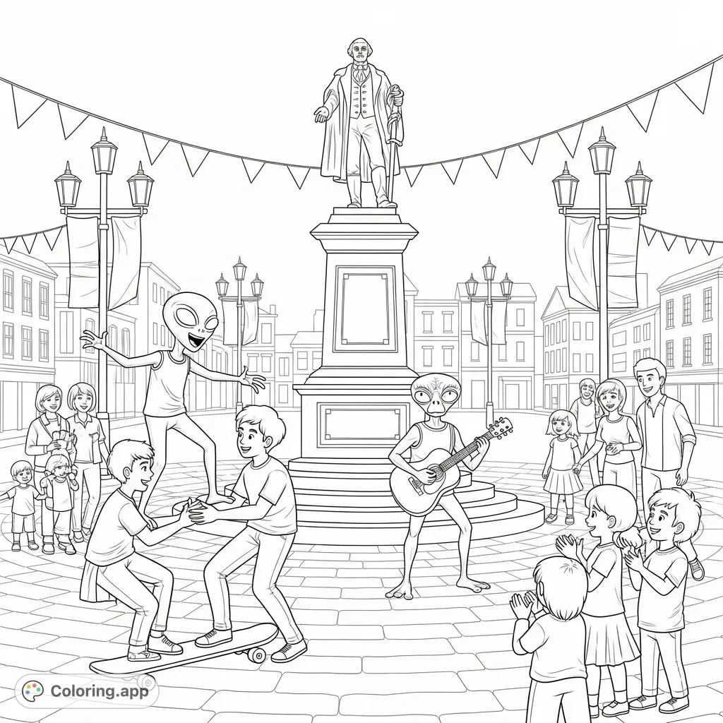 A lively town square where aliens and humans interact playfully, featuring skateboarding, music, and an admiring crowd around a grand statue.