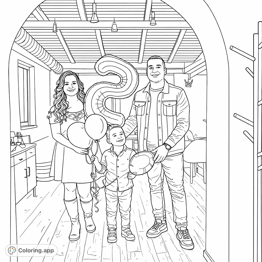 A delightful family scene featuring a mother, father, and son celebrating with balloons, set in a cozy indoor space. Perfect for capturing joyous memories!