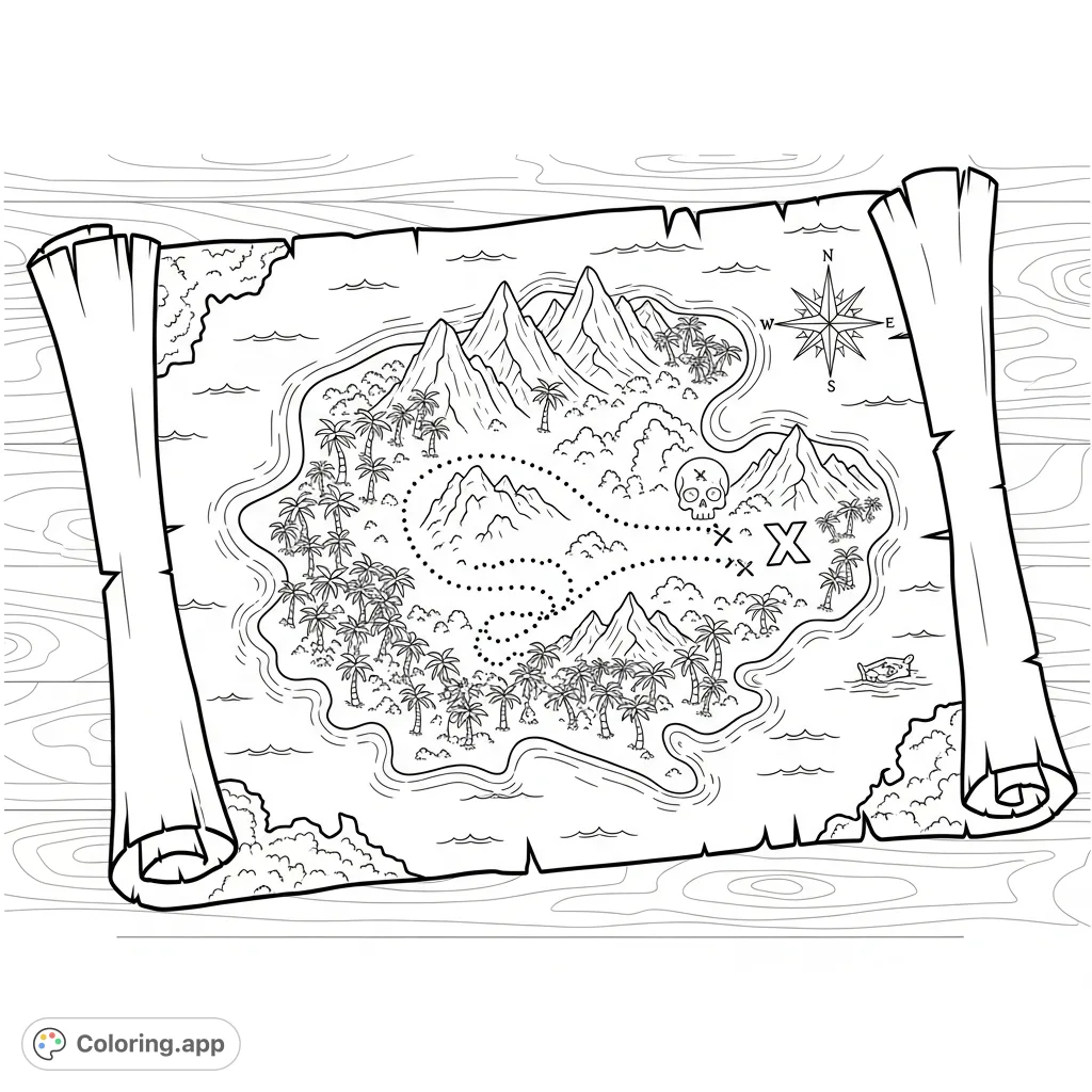 Embark on an adventure with this detailed treasure map coloring page! Discover islands, ships, and an 'X' marking the spot. Perfect for explorers of all ages.