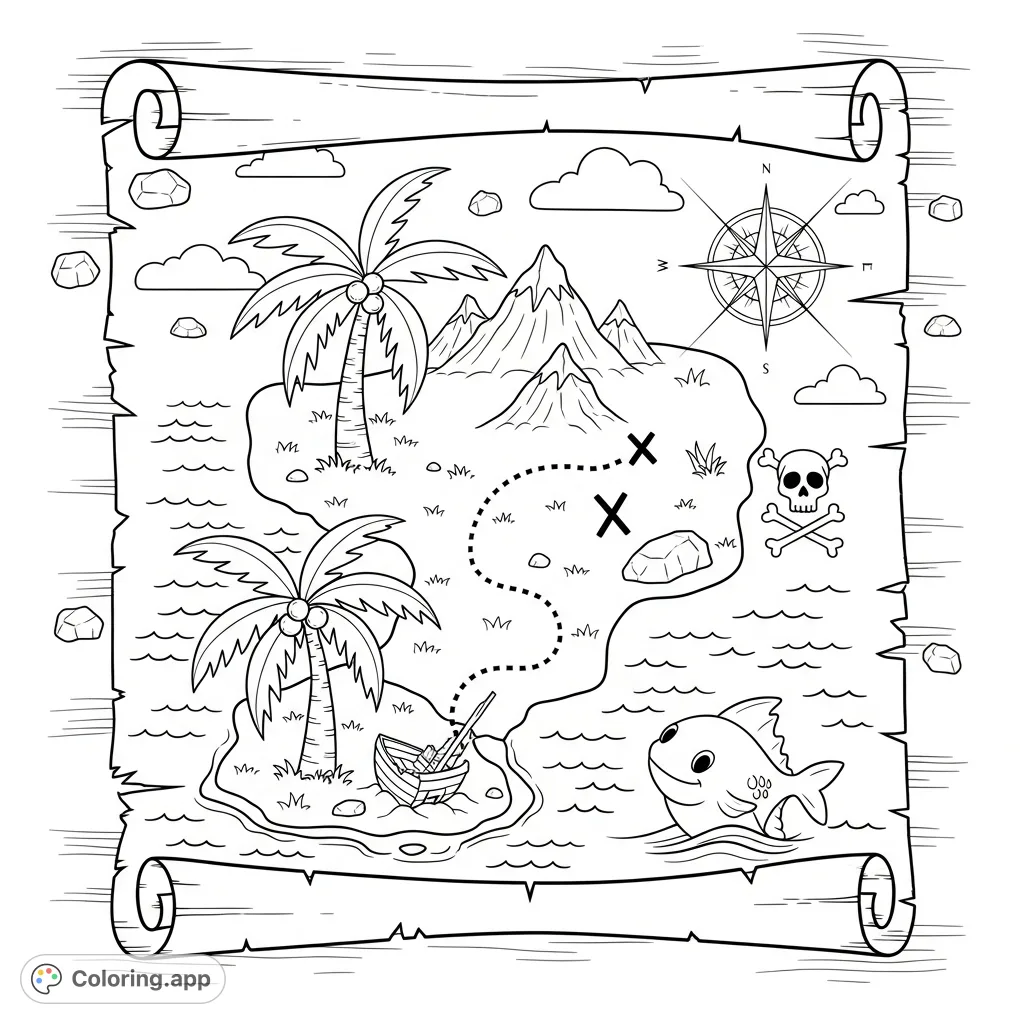 An exciting treasure map for kids featuring a mysterious island, X marks the spot, a compass rose, and playful pirate elements for endless coloring fun.