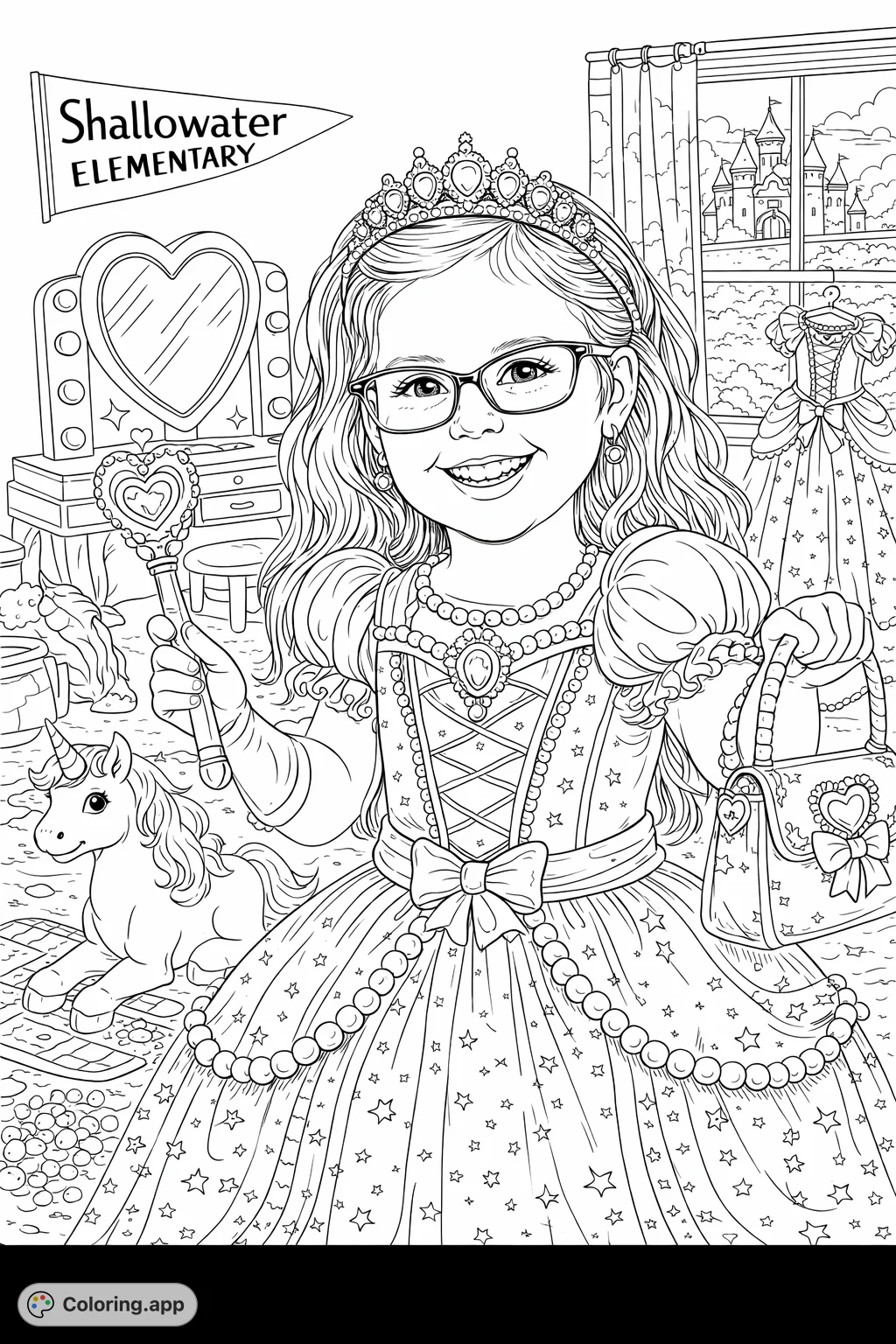 A charming girl in a princess gown with a wand and handbag, surrounded by whimsical details in her royal chamber, with a castle view.