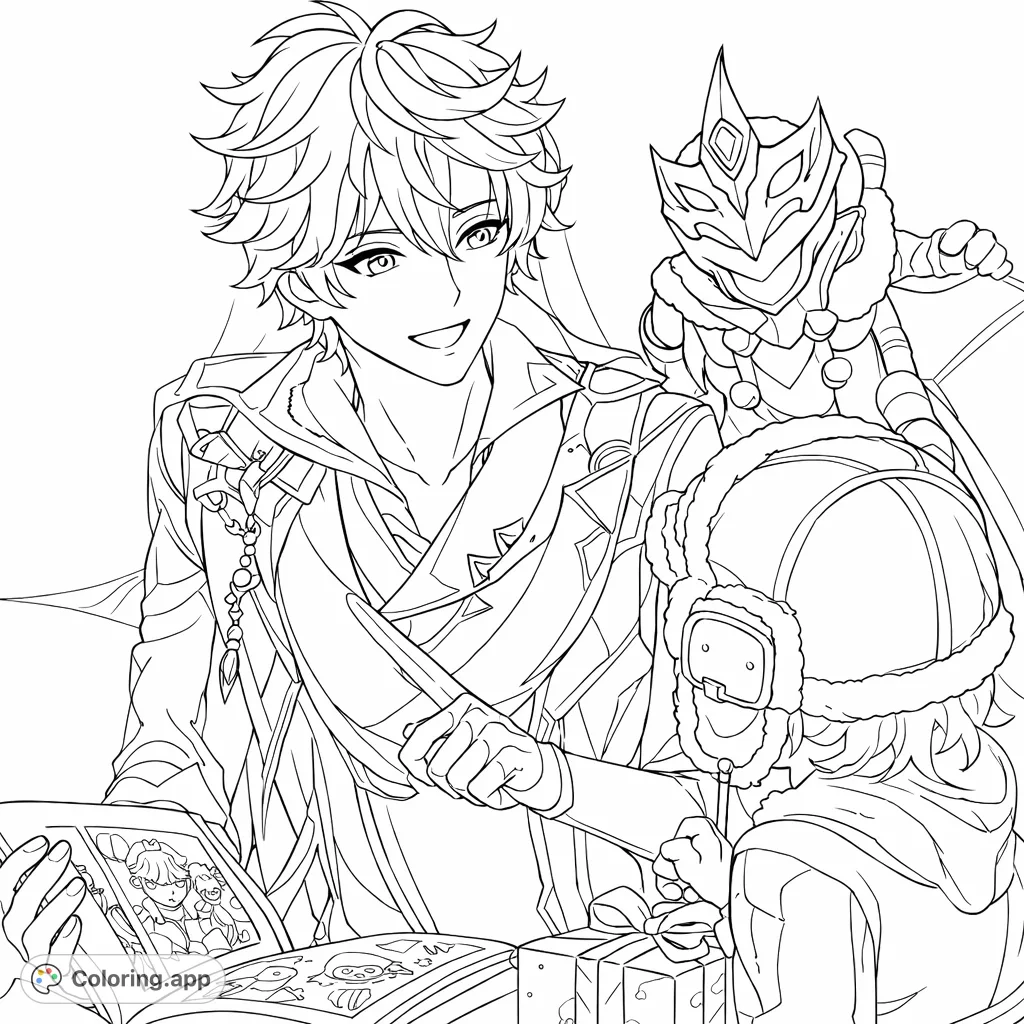 A festive Genshin Impact coloring page featuring Childe presenting a gift and a child holding a unique doll. Perfect for fans of fantasy adventures and detailed anime art.