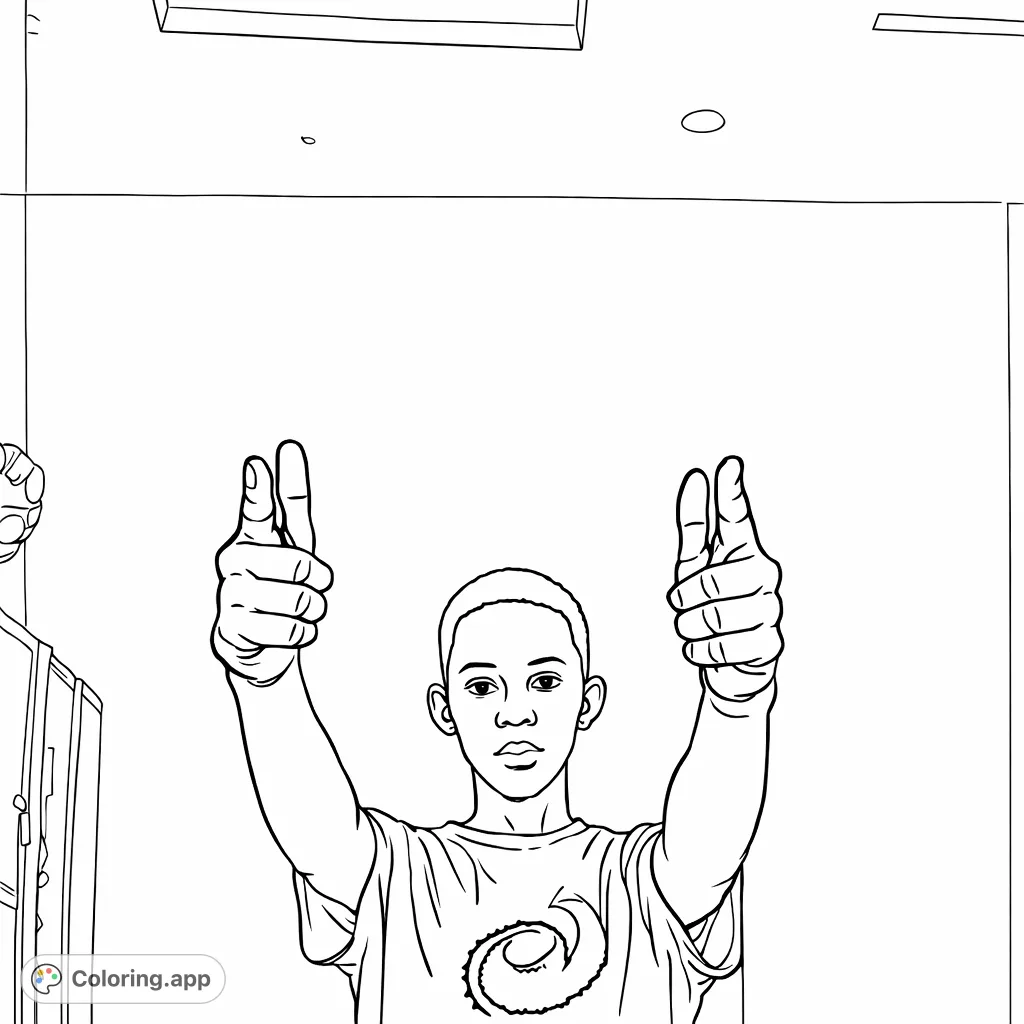 A dynamic coloring page featuring a young person making a distinctive hand gesture, set against a simple indoor background. Express creativity with this engaging design.
