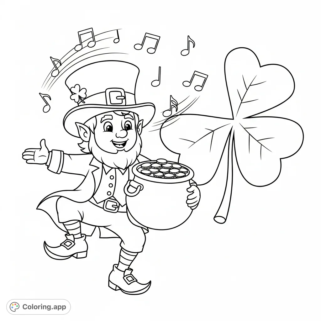 A festive Irish leprechaun dances energetically, holding a pot of gold, surrounded by musical notes and a lucky shamrock. Perfect for St. Patrick's Day fun!