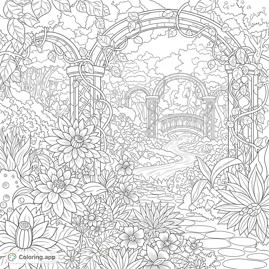 Explore a magical enchanted garden coloring page. Winding paths, exotic flowers, and delicate vines invite creative expression. A perfect free printable coloring page.