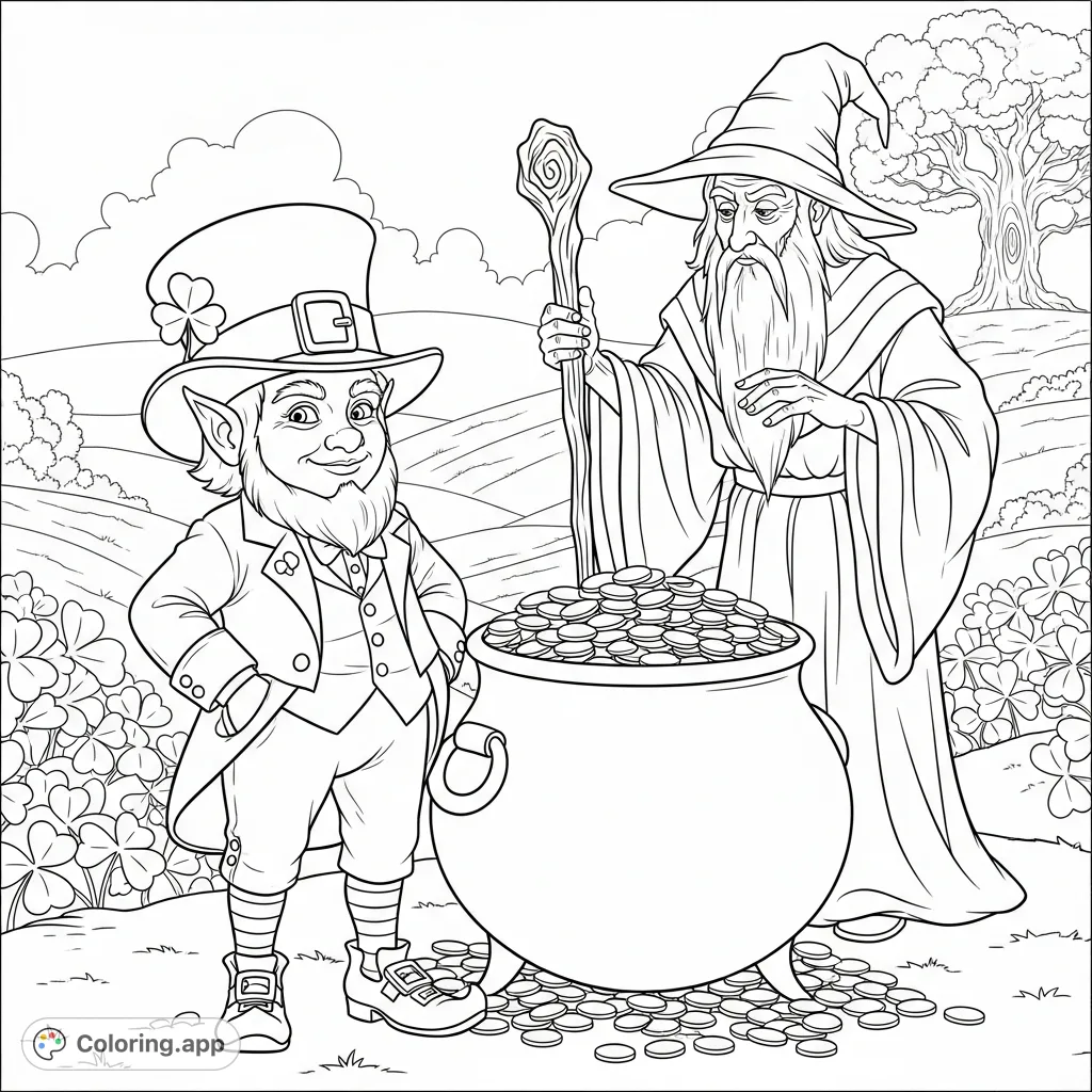 A whimsical fantasy scene featuring a small leprechaun guarding a pot of gold, with a wise wizard observing the magical moment. Perfect for fantasy enthusiasts.