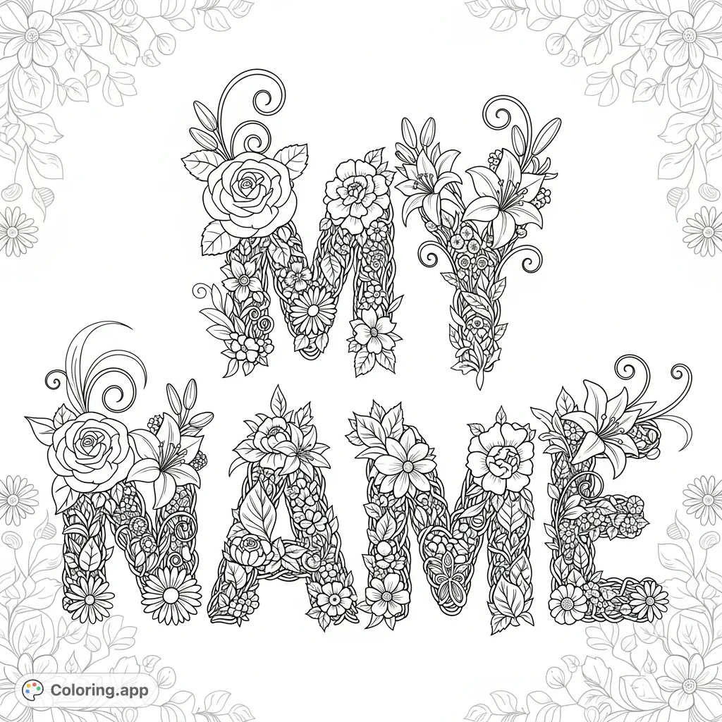 Personalized botanical name coloring page featuring lavish letters formed from winding stems, roses, lilies, daisies, and intricate tendrils.