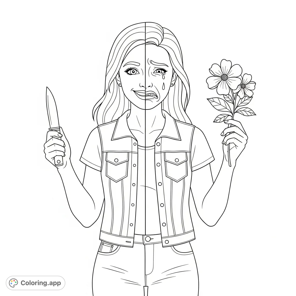 A striking portrait featuring a girl's face split between joy and sorrow, holding a knife and a flower. Explores profound emotional contrast.