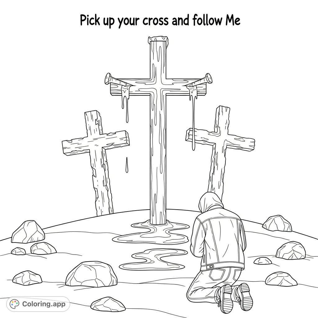 A profound religious coloring page depicting three crosses on a hill with a kneeling figure and inspirational text, perfect for reflection.