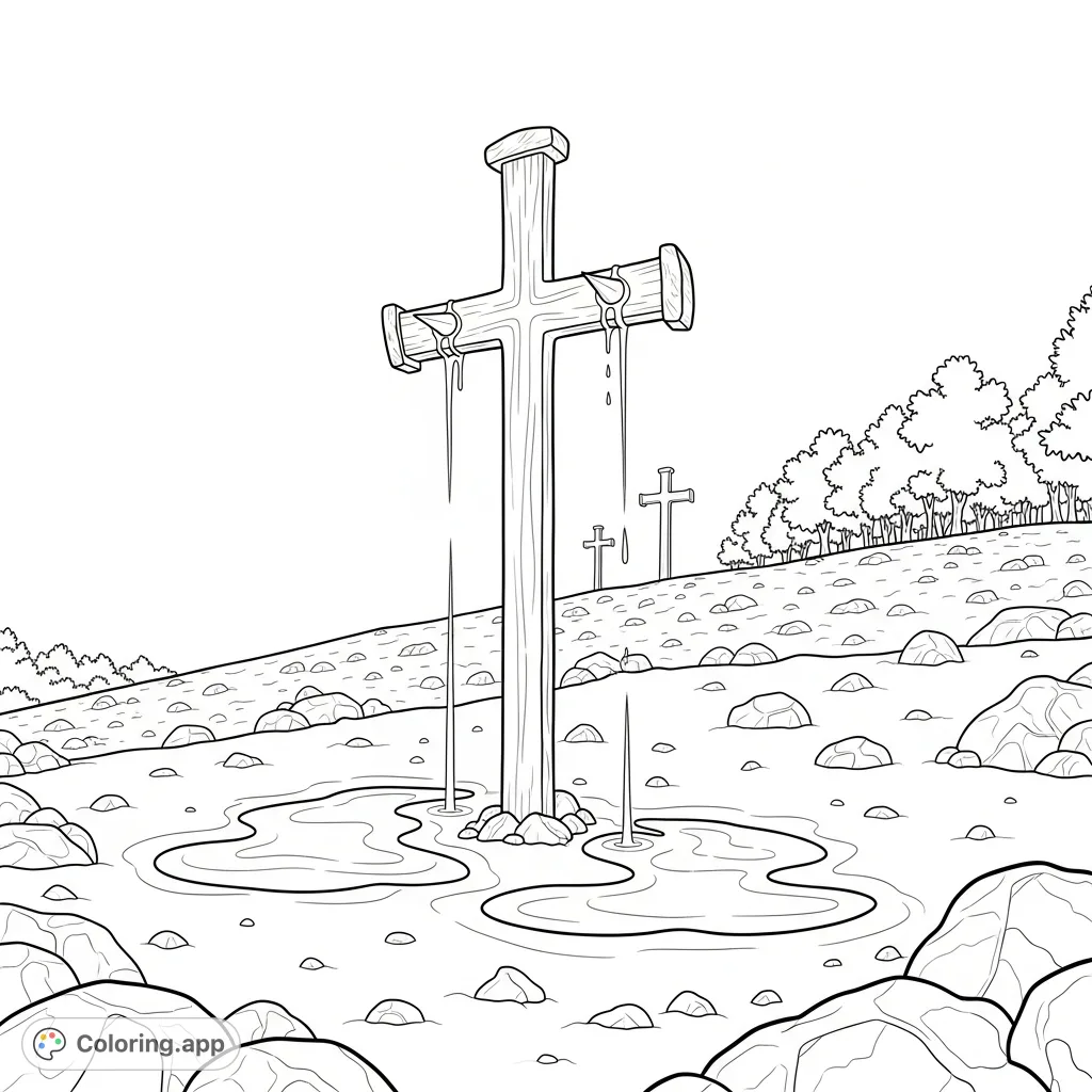 A solemn scene depicting three crosses on a hill, with a central cross detailed with nail forms, dripping liquid trails, and pools on the ground. Features scattered rocks and distant trees.