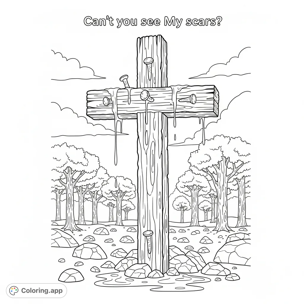 A profound cross coloring page featuring a weathered cross, dripping liquid, poignant text, and a rocky, tree-lined background for reflection.