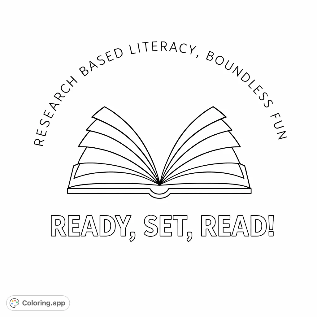 An engaging coloring page featuring an open book with fanned pages and inspiring literacy phrases, perfect for all ages to celebrate reading.