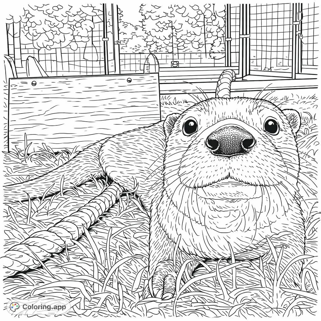 Capture the playful spirit of a curious otter with this detailed close-up coloring page. Explore textures of fur, grass, and rope in a captivating scene.
