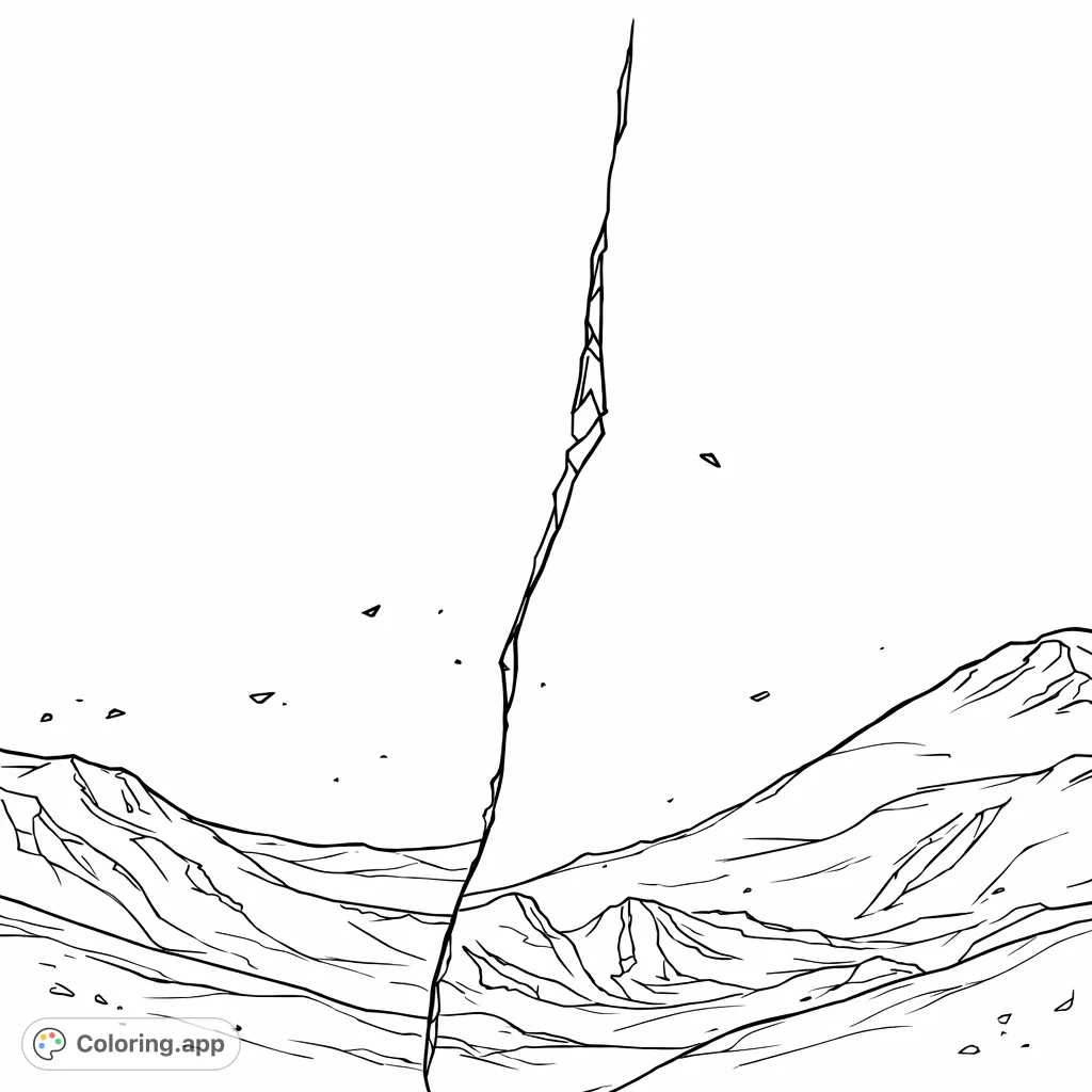 Explore a dramatic mountain landscape split by a prominent crack, featuring rugged peaks and an expansive sky. A unique challenge for colorists of all levels.