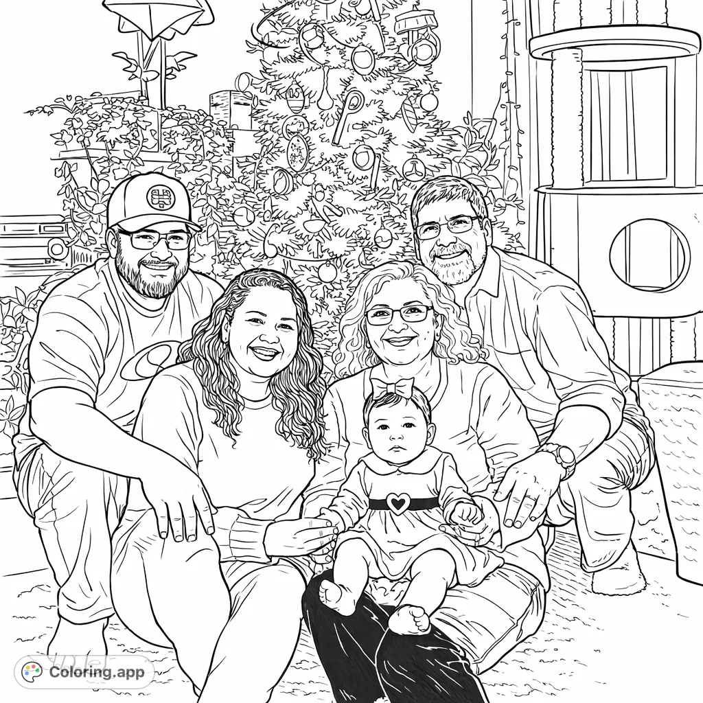 Capture the warmth of a holiday family gathering with this delightful coloring page featuring a family of five, including an adorable baby, by a decorated tree and plants.