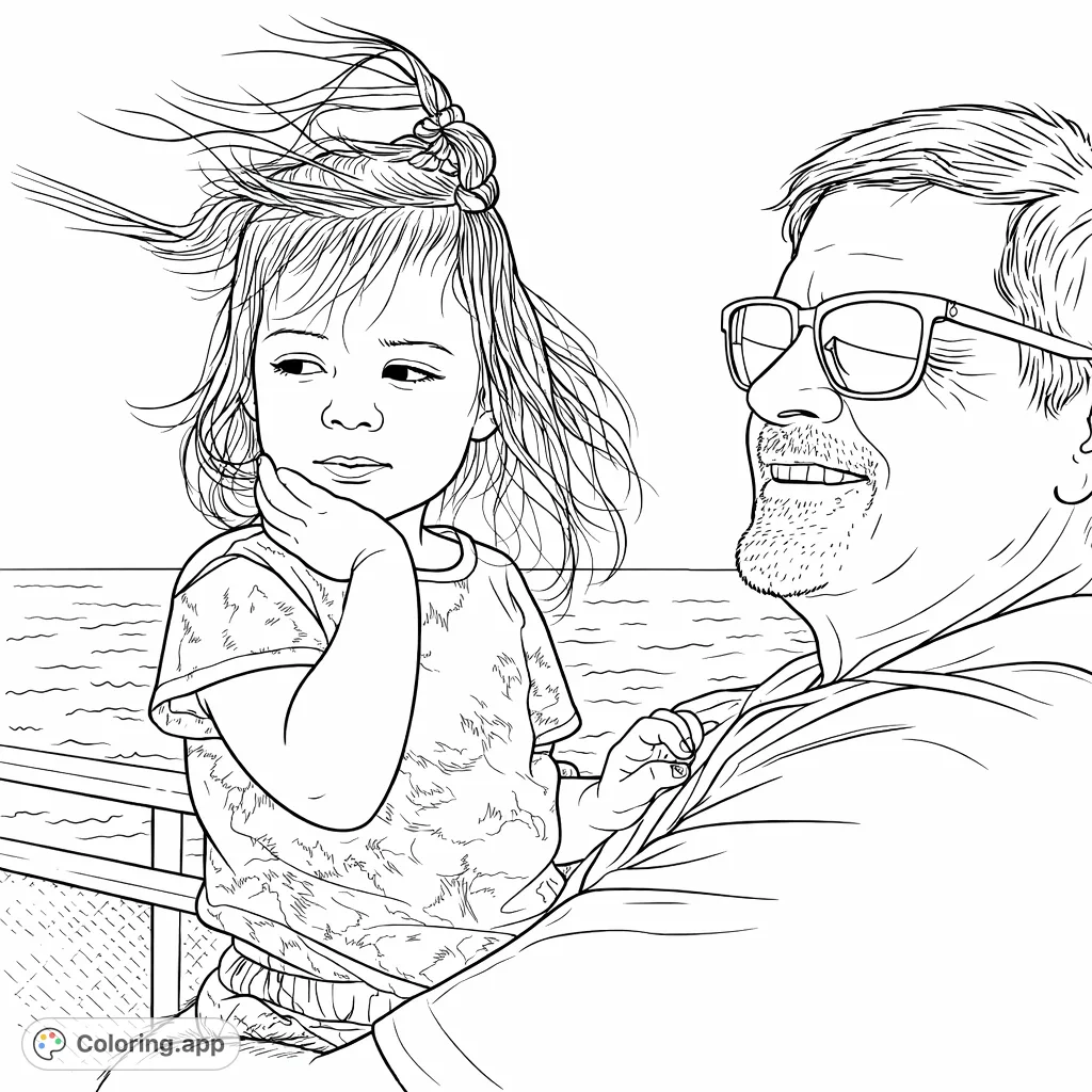 A heartwarming scene of an adult holding a child on a boat, hair playfully windblown against a vast ocean backdrop. Perfect for family-themed coloring.