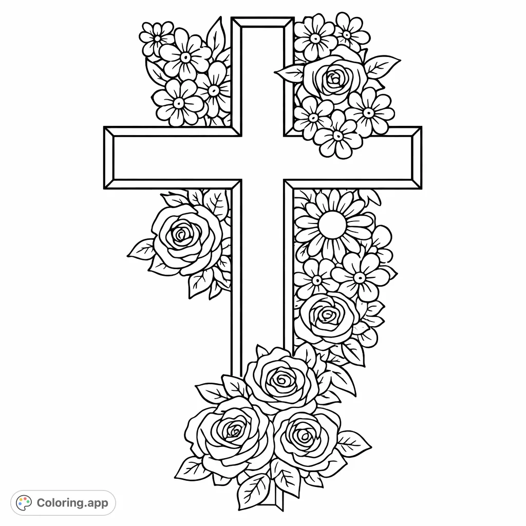 A beautiful sacred cross adorned with intricate floral arrangements, featuring roses, sunflowers, and various blossoms, inviting peaceful and thoughtful coloring.