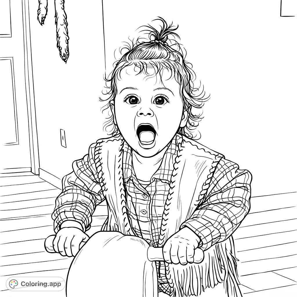 A wide-eyed toddler on a fringed vest and plaid shirt enjoys a playful ride on a toy, captured in a moment of pure joy and expression.