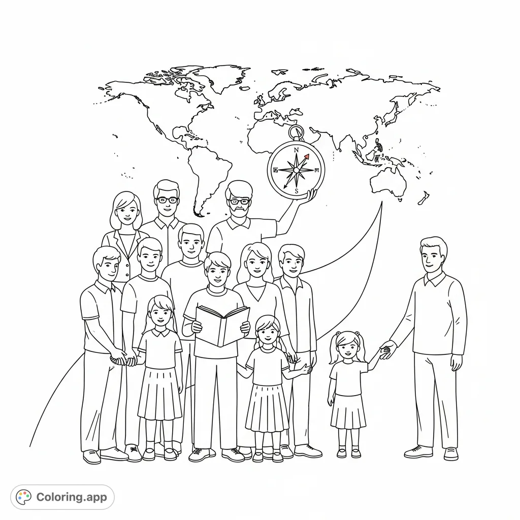 Discover the mission of Colegio Custodio García Rovira de Málaga through a symbolic coloring page depicting unity, education, growth, and a global outlook for all ages.