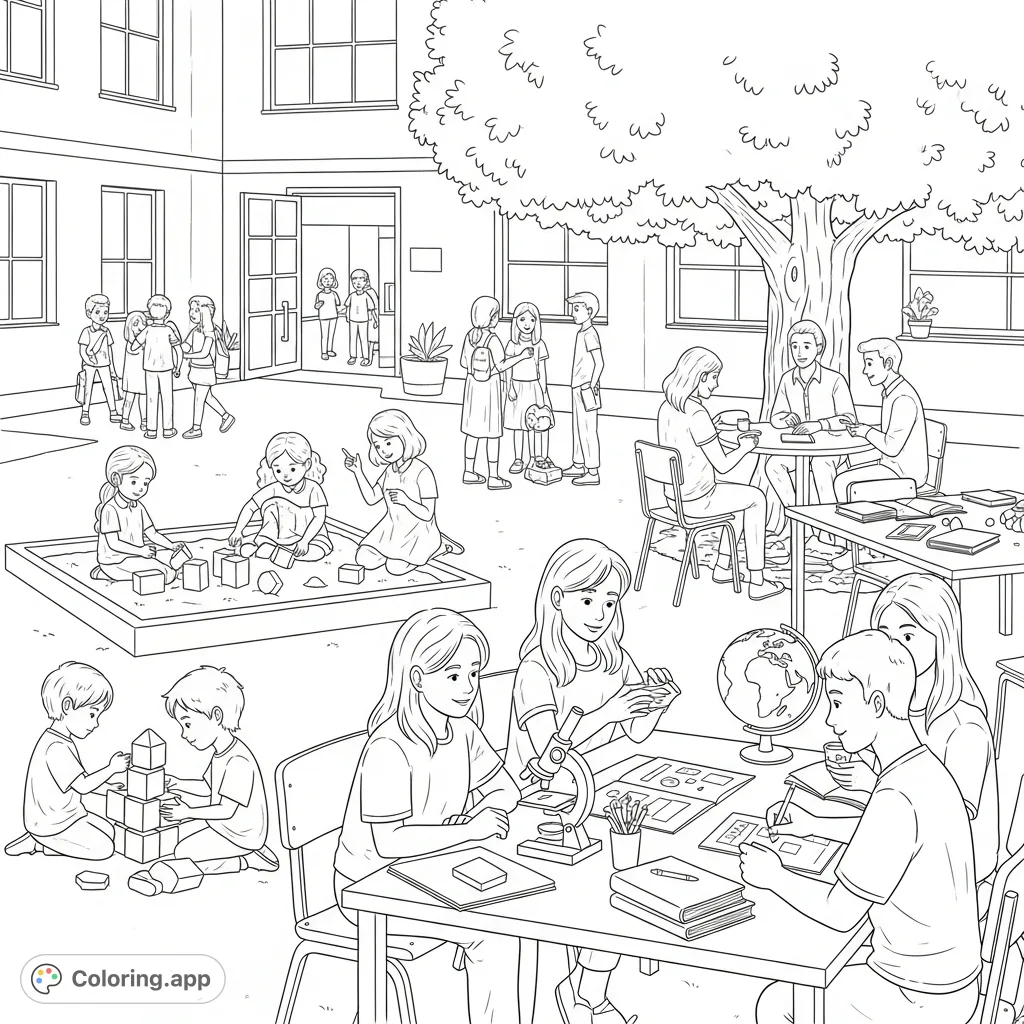 Explore the lively Colegio Custodio García Rovira de Málaga courtyard, featuring students of all ages engaged in learning and play, with educational tools nearby.