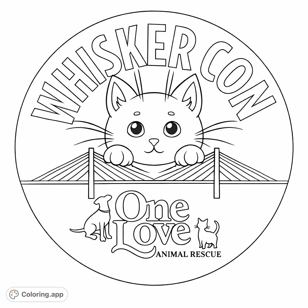 A charming coloring page featuring a cat peeking over a suspension bridge, surrounded by 'Whisker Con' and 'One Love Animal Rescue' text with companion animal silhouettes.