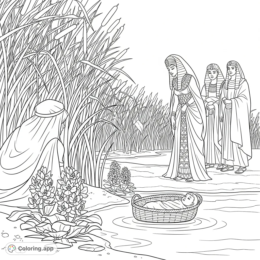 Witness the dramatic moment Baby Moses is discovered amidst swaying reeds by Pharaoh's daughter and her attendants, observed by his sister. A compelling biblical scene.
