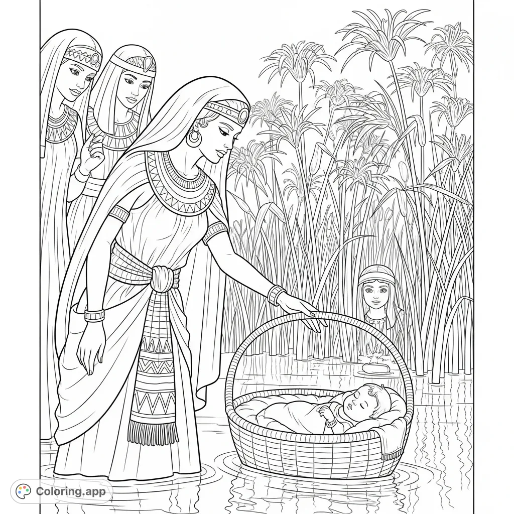 Pharaoh's daughter finds baby Moses in a reed basket by the river, observed by curious court ladies and a hidden young girl in this biblical scene.